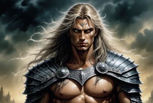 Create a portrait of the main antagonist of the demigod, he has long, flowing hair the color of storm clouds, serpentine creature with scales as black as night, glowing eyes like lightning, and razor-sharp teeth. </br> It is impossible to tell its age or gender as it is a mythological creature. captivating with mystery and at the same time repulsive, from whose gaze your throat dries up and you are speechless, but you can feel his strong spirit and sense of heroism, so that sometimes you donТt understand whether he is a villain or a hero in front of you. Style of Medieval fantasy warrior art by Luis Royo. tan, black, tan, blanchedalmond colors. 8K HD.