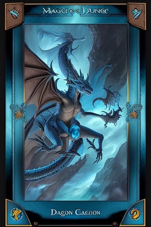 Magic the gathering dragon card, in a blue frame with a light blue field under the image of a dragon, with a detailed description of the rules of the card