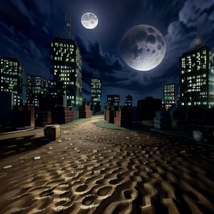 city, night, moon, sky, dirt, sand,