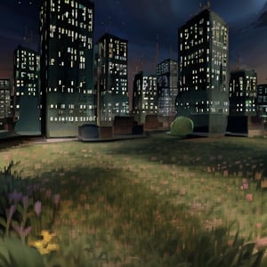 city, night, cityscape, green grass,