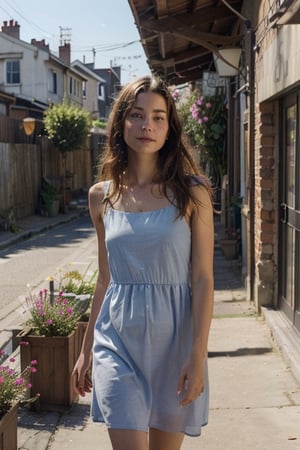 summer, a girl in a light dress with loose hair, linden alley, gentle morning sun, light breeze, blue sky, flowers, photo realism,photorealistic,realism,realistic