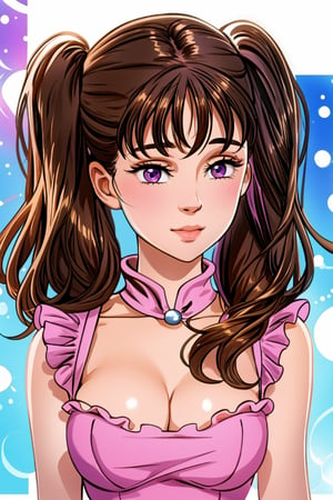 Diane, twintails, brown hair, purple eyes. 
Beautiful and sexy. high realistic 