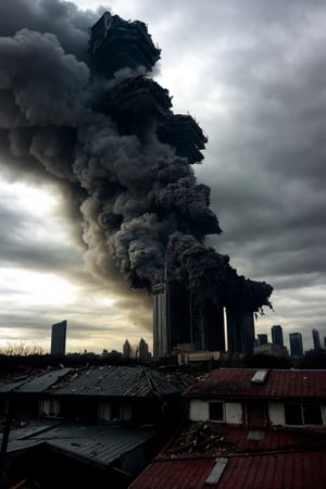 a post apocalyptic city, destroyed buildings, skyscrapers, overcast, buildings collapsing, dark and gloomy

pov sky