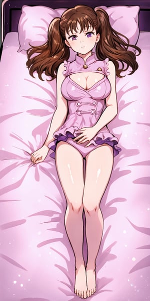 Diane, twintails, brown hair, purple eyes, Clevage. laying on a bed having an Orgasm 