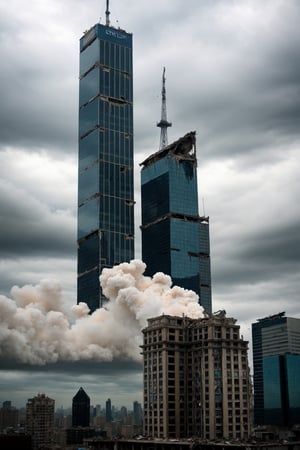 a post apocalyptic city, destroyed buildings, skyscrapers, overcast,

pov sky