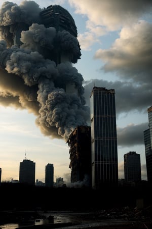 a post apocalyptic city, destroyed buildings, skyscrapers, overcast, buildings collapsing, dark and gloomy

pov skyline