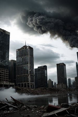 a post apocalyptic city, destroyed buildings, skyscrapers, overcast, buildings collapsing, dark and gloomy

pov sky