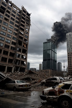 a post apocalyptic city, destroyed buildings, skyscrapers, overcast, buildings collapsing, dark and gloomy

pov sky