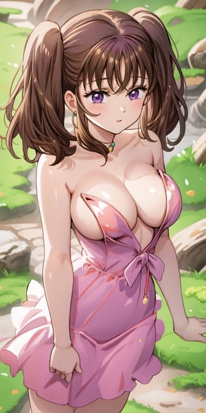 Diane, twintails, brown hair, purple eyes, Clevage. Green hills in her background. nude