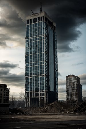 a post apocalyptic city, destroyed buildings, skyscrapers, overcast, buildings collapsing, dark and gloomy

pov sky