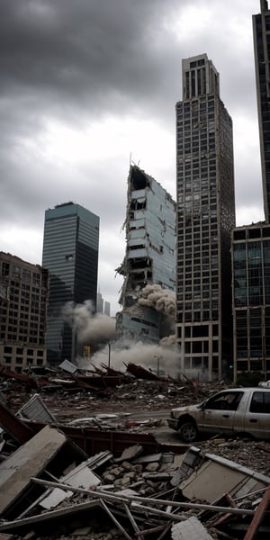 a post apocalyptic city, destroyed buildings, skyscrapers, overcast, buildings collapsing, dark and gloomy

pov sky