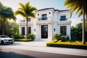 neo classical villa on street, (daylight), tropical tree, vivid colour, streetcapes, white tone, black detail, white wall, large glass door, warm interior lighting, best quality, masterpiece, ultra realistic