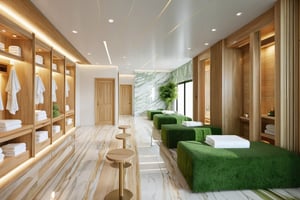 Raw photo,Masterpiece, high quality, best quality, authentic, super detail,
indoors, ( natural oak wooden interior ) , (( SPA AND HEATHY CENTER :1.3)), modern style, daylight, (GREEN TONE ) ,white marble tile floor,  