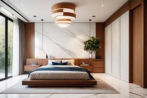 ((masterpiece,best quality,highres,sharp forcus)) (((detail forcus))) , ( bedroom :1.3 ), modern style, daylight, ((WHITE wall : 1.3 )) plaster ceiling, NATURAL WOOD, daylight , WHITE tone , bright color, pendant light, marble tile floor, PENDANT LIGHT,