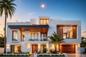 (best quality, masterpiece, high_resolution:1.5),Ultra-realistic 8k, hd image quality, sharp detail, 2-story modern house, main materials: white walls, wooden ceiling accents, large glass windows, roads, cars, sidewalks, American Palm trees high, has a small alley, located in a residential area, modern style, shimmering sky, sunset light, feels peaceful, beautiful, close and warm, ((Warm light from indoor:1.3)), (daylight:1.2), perfect lighting,dynamic light,2 large glass doors,((1 large glass window:1.3)), (night light), (colorful flowers in front of the house). Night light from lamps and moon,modern style roof,Wonder of Art and Beauty.