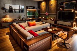 luxurious bedroom interior,  ((masterpiece)), high quality, raw photo, ((best quality)),   ,High detailed ,walnut,interior,housearch_Industrial,Vintage design,archminimalist,housearch_japandi,Color magic,minimalist living room,Saturated colors