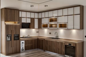 Modern kitchen interior,  ((masterpiece)), high quality, raw photo, ((best quality)),   ,High detailed ,walnut,interior,housearch_Industrial,Vintage design,archminimalist,housearch_japandi,Color magic,minimalist living room,Saturated colors,Indoor Grey,Interior design,Color saturation 