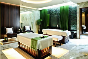 Raw photo,Masterpiece, high quality, best quality, authentic, super detail,
indoors, interior , (( SPA AND HEATHY CENTER :1.3)), modern style, daylight, (GREEN TONE : 1.2 ),marble tile floor,  