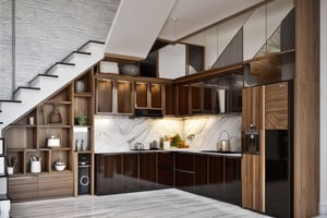 Sparkling Kitchen interior,  ((masterpiece)), high quality, raw photo, ((best quality)),   ,High detailed ,walnut,interior,housearch_Industrial,Vintage design,archminimalist,housearch_japandi,Color magic,minimalist living room,Saturated colors,Indoor Grey,Interior design,Color saturation 