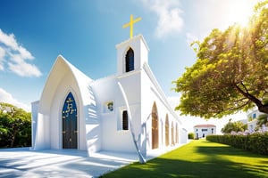 , The church is made from white walls and some walls are painted brightwhite, beautyful light, beautyfulday, sunny, Many grass bougainvilleas along the road:1.3, lovely youthful feeling :1.2, sunlight at 12 noon, Very beautiful shadows