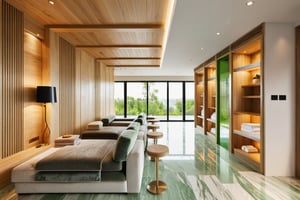 Raw photo,Masterpiece, high quality, best quality, authentic, super detail,
indoors, ( bright oak wooden interior ) , (( SPA AND HEATHY CENTER :1.3)), modern style, daylight, (GREEN TONE ) ,marble tile floor,  
