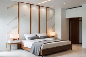 ((masterpiece,best quality,highres,sharp forcus)) (((detail forcus))) , ( bedroom :1.3 ), modern style, daylight, ((WHITE wall : 1.3 )) plaster ceiling, NATURAL WOOD, daylight , WHITE tone , bright color, pendant light, marble tile floor, PENDANT LIGHT,