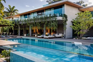 RAW photo, villa exterior, (infinity swimming pool), plant on the balcony, grey stone pool wall, timber pool deck, resort landscape, clear sky, sun light, realistic
8k uhd, dslr, soft lighting, high quality, film grain, Fujifilm XT3