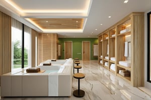Raw photo,Masterpiece, high quality, best quality, authentic, super detail,
indoors, ( natural oak wooden interior ) , (( SPA AND HEATHY CENTER :1.3)), modern style, daylight, (GREEN TONE ) ,white marble tile floor,  