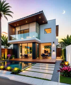 (best quality, masterpiece, high_resolution:1.5),Ultra-realistic 8k, hd image quality, sharp detail, 2-story modern house, main materials: white walls, wooden ceiling accents, large glass windows, roads, cars, sidewalks, American Palm trees high, has a small alley, located in a residential area, modern style, shimmering sky, sunset light, feels peaceful, beautiful, close and warm, ((Warm light from indoor:1.3)), (daylight:1.2), perfect lighting,dynamic light,2 large glass doors,((1 large glass window:1.3)), (night light), (colorful flowers in front of the house). Night light from lamps and moon,modern style roof,Wonder of Art and Beauty.
