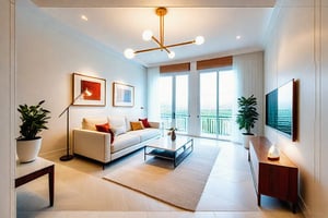 ((masterpiece,best quality,highres,sharp forcus)) (((detail forcus))) , ( living room :1.3 ), modern style, daylight, ((WHITE wall : 1.3 )) plaster ceiling, NATURAL WOOD, daylight , WHITE tone , bright color, pendant light, marble tile floor, PENDANT LIGHT,