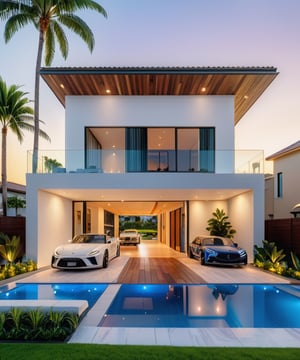 (best quality, masterpiece, high_resolution:1.5),Ultra-realistic 8k, hd image quality, sharp detail, 2-story modern house, main materials: white walls, wooden ceiling accents, large glass windows, roads, cars, sidewalks, American Palm trees high, has a small alley, located in a residential area, modern style, shimmering sky, sunset light, feels peaceful, beautiful, close and warm, ((Warm light from indoor:1.3)), (daylight:1.2), perfect lighting,dynamic light,2 large glass doors,((1 large glass window:1.3)), (night light), (colorful flowers in front of the house). Night light from lamps and moon,modern style roof,Wonder of Art and Beauty.