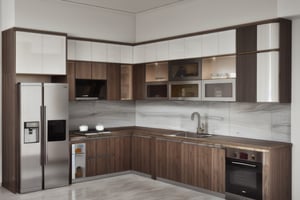 Modern kitchen interior,  ((masterpiece)), high quality, raw photo, ((best quality)),   ,High detailed ,walnut,interior,housearch_Industrial,Vintage design,archminimalist,housearch_japandi,Color magic,minimalist living room,Saturated colors,Indoor Grey,Interior design