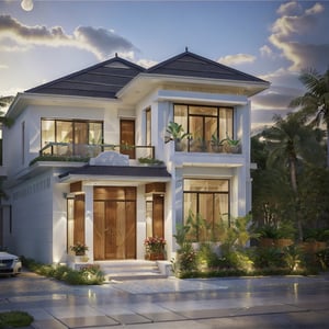 (best quality, masterpiece, high_resolution:1.5),Ultra-realistic 8k, hd image quality, sharp detail, 2-story modern house, main materials: white walls, wooden ceiling accents, large glass windows, roads, cars, sidewalks, American Palm trees high, has a small alley, located in a residential area, modern style, shimmering sky, sunset light, feels peaceful, beautiful, close and warm, ((Warm light from indoor:1.3)), (daylight:1.2), perfect lighting,dynamic light,2 large glass doors,((1 large glass window:1.3)), (night light), (colorful flowers in front of the house). Night light from lamps and moon.,Thai style roof,Wonder of Art and Beauty,Chinese Style,Korean Style,garden