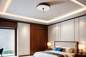 ((masterpiece,best quality,highres,sharp forcus)) (((detail forcus))) , ( BED room :1.3 ), modern style, daylight, ((WHITE wall : 1.3 )) plaster ceiling, NATURAL WOOD, daylight , WHITE tone , bright color, pendant light, marble tile floor, PENDANT LIGHT,