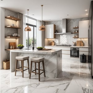Raw photo,Masterpiece, high quality, best quality, authentic, super detail,
indoors, interior , (( kitchen :1.3)), modern style, daylight, (WHITE WALL),marble tile floor, 