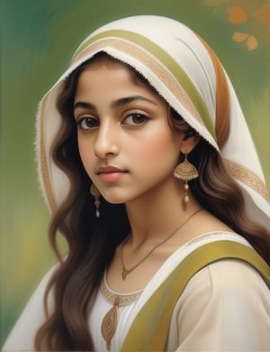 "Craft a delicate pencil canvas artwork portraying a 15-year-old Arab girl. Pay close attention to intricate details, highlighting her caramel skin tone, and the subtle mix of wavy and curly hair. Channel the grace and subtlety seen in works by artists like Leonardo da Vinci, Laila Shawa, and Edgar Degas. The composition should be a close-up of her face, capturing the unique features of her age and ethnicity."

