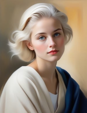 "Create a serene canvas artwork using a brush and calming colors, portraying a 20-year-old German woman. Utilize soft brushstrokes and an understated color palette inspired by artists like Johannes Vermeer, Gerhard Richter, and Édouard Manet. Emphasize the elegance in simplicity, focusing on her fair skin tone, short white hair, in a close-up view of her face. Capture a tranquil and contemplative mood through the gentle application of colors."

