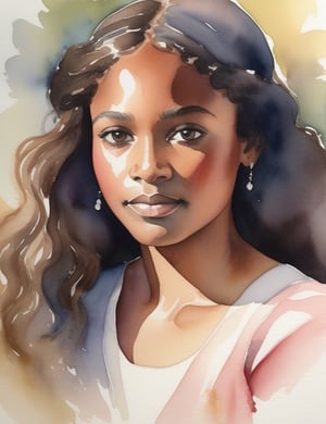 "Craft a serene watercolor artwork portraying a 30-year-old woman from the United States. Capture the gentle details of her dark skin tone and wavy, voluminous hair in a close-up of her face. Draw inspiration from artists like Winslow Homer, Mary Whyte, and Kadir Nelson, known for their ability to infuse life and serenity into their watercolor portraits."

