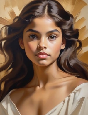 "Craft an exquisite canvas artwork using fine brushstrokes, portraying a 15-year-old American girl. Draw inspiration from artists like John Singer Sargent, Mary Cassatt, and Kehinde Wiley. Utilize a subtle color palette to capture the nuances of her morena skin tone and the free-spirited, short, and loose texture of her hair in a close-up view of her face. Convey an intimate and expressive atmosphere through the refined application of fine brushstrokes."

