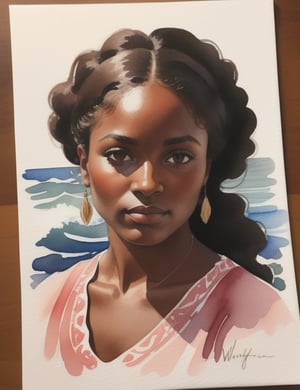 "Craft a serene watercolor artwork portraying a 30-year-old woman from the United States. Capture the gentle details of her dark skin tone and wavy, voluminous hair in a close-up of her face. Draw inspiration from artists like Winslow Homer, Mary Whyte, and Kadir Nelson, known for their ability to infuse life and serenity into their watercolor portraits."

