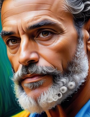 Create a vibrant canvas artwork using pencils with vivid colors, featuring a Brazilian man in his forties. The focus should be on his large, graying beard and curly, well-defined hair. Ensure the curls are distinct and separated. The composition should be a close-up of his face, capturing the unique textures and details of his facial features. Use a rich color palette to bring out the vibrancy of the scene.

