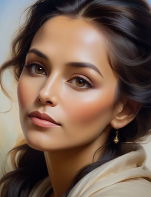 "Compose a tranquil canvas artwork using a brush and calming colors, portraying a 50-year-old Russian woman. Employ soft brushstrokes and a serene color palette inspired by artists like Ivan Kramskoi, Alexey Savrasov, and John Singer Sargent. Capture the timeless elegance of her caramel skin tone and long, black hair in a close-up view of her face. Convey a sense of serenity and enduring beauty through the gentle application of colors."

