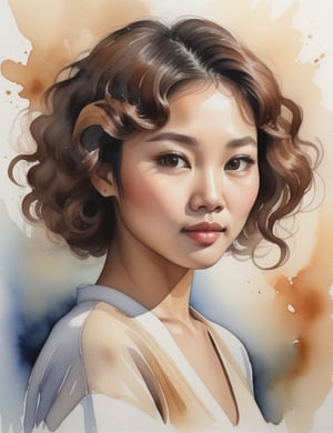 Illustrate a captivating watercolor portrait featuring a 30-year-old Asian woman with a caramel skin tone. Focus on her short, tightly curled hair with small, intricate curls. Create a close-up of her face, emphasizing the delicate details of her features. Utilize the fluidity and transparency of watercolors to evoke a sense of warmth and expressiveness in her expression.


