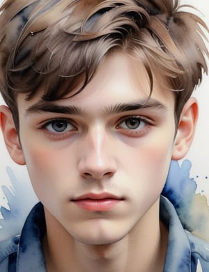 "Create an elegant watercolor canvas artwork, portraying a 17-year-old French young man. Embrace the watercolor medium inspired by artists like Paul Cézanne, Henri Matisse, and Jean-Baptiste-Camille Corot. Use subtle tones to capture the nuances of his white skin tone and the texture of his spiky, short hair in a close-up view of his face. Convey an intimate and expressive atmosphere through the delicate application of watercolors."

