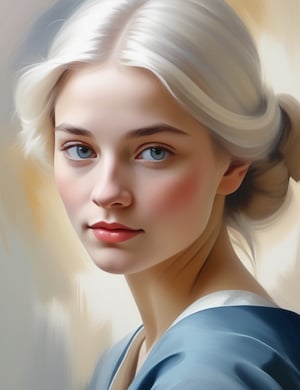 "Create a serene canvas artwork using a brush and calming colors, portraying a 20-year-old German woman. Utilize soft brushstrokes and an understated color palette inspired by artists like Johannes Vermeer, Gerhard Richter, and Édouard Manet. Emphasize the elegance in simplicity, focusing on her fair skin tone, short white hair, in a close-up view of her face. Capture a tranquil and contemplative mood through the gentle application of colors."

