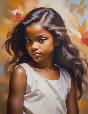 "Craft an exquisite canvas artwork using fine brushstrokes, portraying a 15-year-old American girl. Draw inspiration from artists like John Singer Sargent, Mary Cassatt, and Kehinde Wiley. Utilize a subtle color palette to capture the nuances of her morena skin tone and the free-spirited, short, and loose texture of her hair in a close-up view of her face. Convey an intimate and expressive atmosphere through the refined application of fine brushstrokes."

