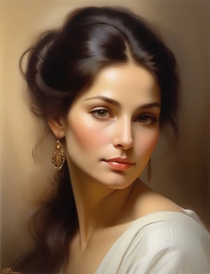 "Compose a tranquil canvas artwork using a brush and calming colors, portraying a 50-year-old Russian woman. Employ soft brushstrokes and a serene color palette inspired by artists like Ivan Kramskoi, Alexey Savrasov, and John Singer Sargent. Capture the timeless elegance of her caramel skin tone and long, black hair in a close-up view of her face. Convey a sense of serenity and enduring beauty through the gentle application of colors."

