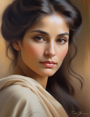 "Compose a tranquil canvas artwork using a brush and calming colors, portraying a 50-year-old Russian woman. Employ soft brushstrokes and a serene color palette inspired by artists like Ivan Kramskoi, Alexey Savrasov, and John Singer Sargent. Capture the timeless elegance of her caramel skin tone and long, black hair in a close-up view of her face. Convey a sense of serenity and enduring beauty through the gentle application of colors."

