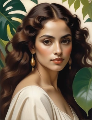 "Create a captivating pencil canvas artwork depicting a 30-year-old woman from the Amazon region. Pay meticulous attention to intricate details, emphasizing her caramel skin tone and the well-defined, wavy, and full curls of her hair. Infuse the artwork with nature-inspired elegance reminiscent of artists like Gustav Klimt, Tarsila do Amaral, and John Singer Sargent. The composition should be a close-up of her face, capturing the unique features and essence of her Amazonian origin."

