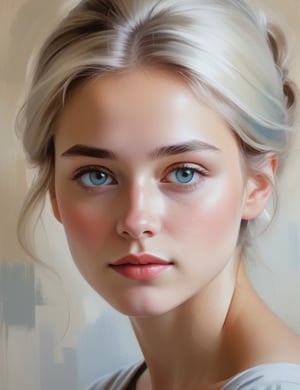 "Create a serene canvas artwork using a brush and calming colors, portraying a 20-year-old German woman. Utilize soft brushstrokes and an understated color palette inspired by artists like Johannes Vermeer, Gerhard Richter, and Édouard Manet. Emphasize the elegance in simplicity, focusing on her fair skin tone, short white hair, in a close-up view of her face. Capture a tranquil and contemplative mood through the gentle application of colors."

